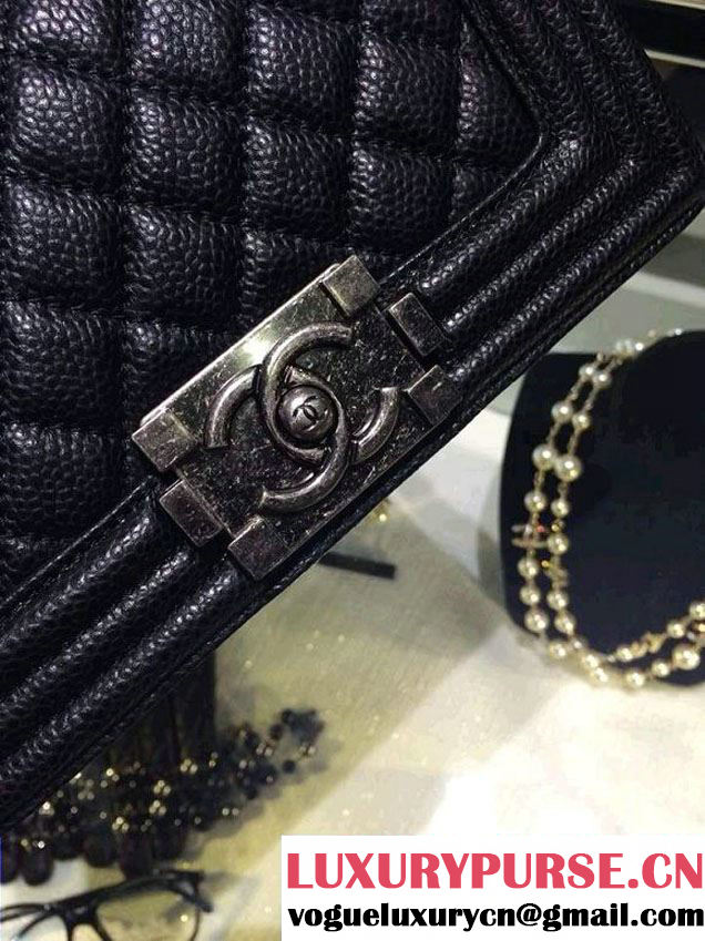 Chanel Small Boy Flap Shoulder Bag Black Caviar Leather with Silver Hardware