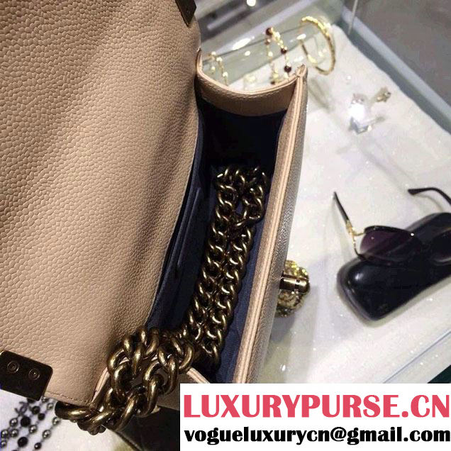 Chanel Small Boy Flap Shoulder Bag Beige Caviar Leather with Golden Hardware