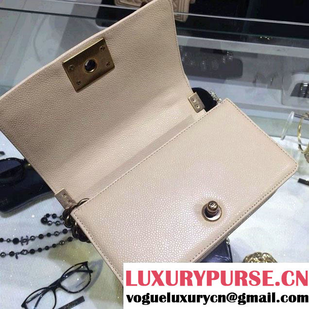 Chanel Small Boy Flap Shoulder Bag Beige Caviar Leather with Golden Hardware