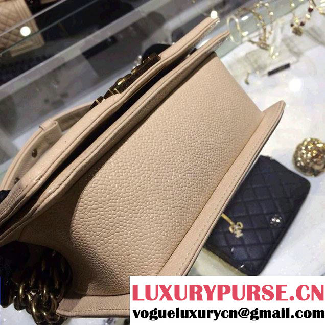 Chanel Small Boy Flap Shoulder Bag Beige Caviar Leather with Golden Hardware
