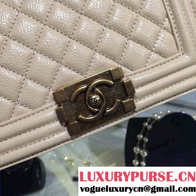 Chanel Small Boy Flap Shoulder Bag Beige Caviar Leather with Golden Hardware