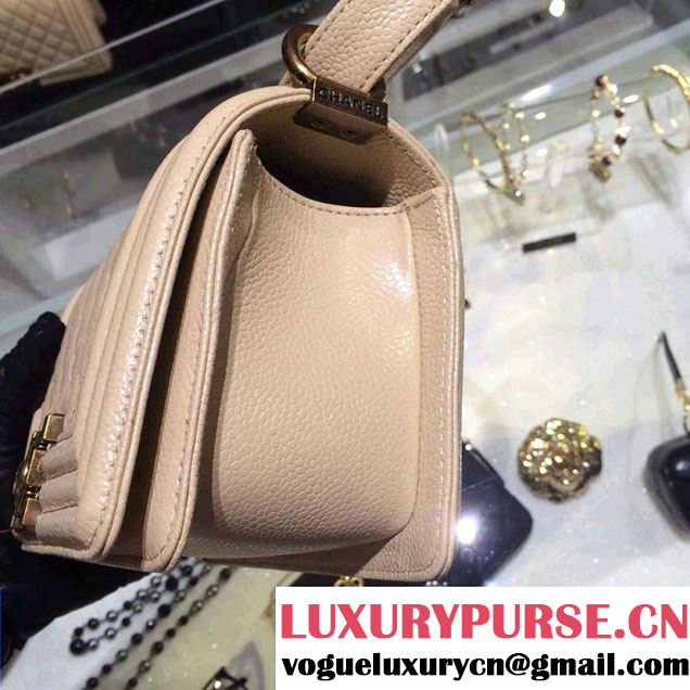 Chanel Small Boy Flap Shoulder Bag Beige Caviar Leather with Golden Hardware