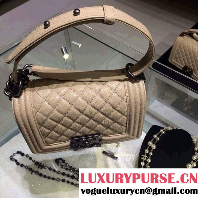 Chanel Small Boy Flap Shoulder Bag Beige Caviar Leather with Silver Hardware