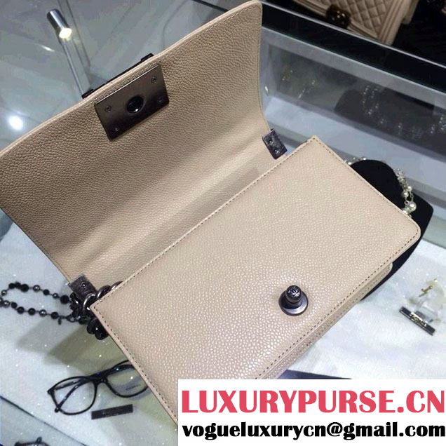 Chanel Small Boy Flap Shoulder Bag Beige Caviar Leather with Silver Hardware