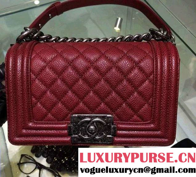 Chanel Small Boy Flap Shoulder Bag Burgundy Caviar Leather with Silver Hardware