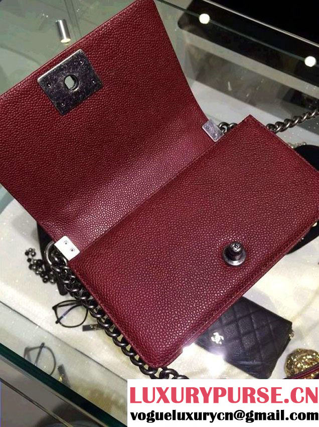 Chanel Small Boy Flap Shoulder Bag Burgundy Caviar Leather with Silver Hardware