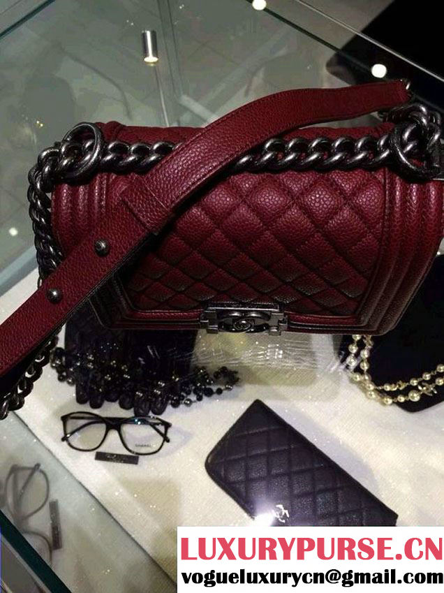 Chanel Small Boy Flap Shoulder Bag Burgundy Caviar Leather with Silver Hardware