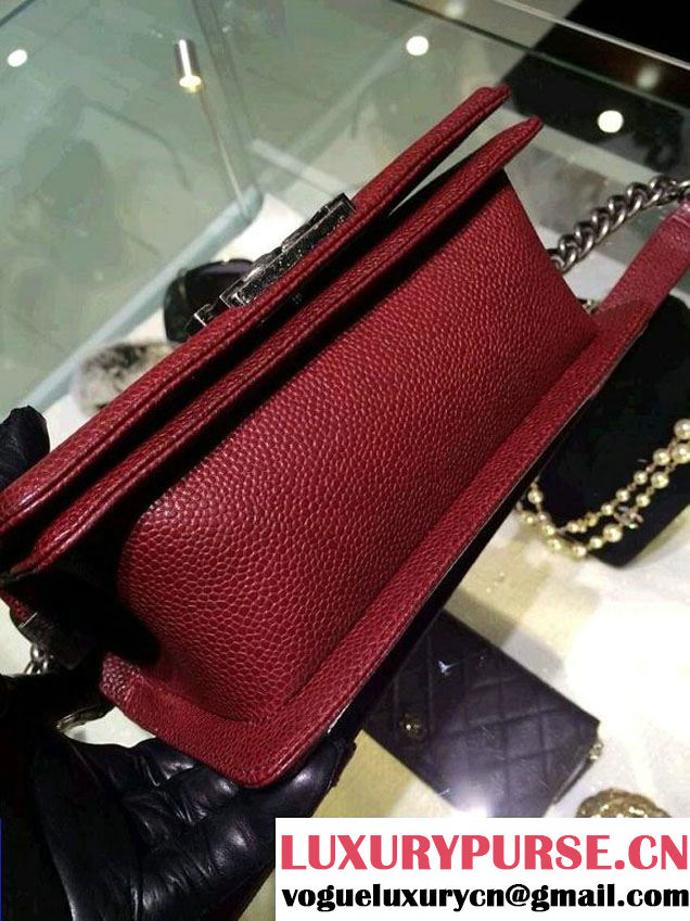 Chanel Small Boy Flap Shoulder Bag Burgundy Caviar Leather with Silver Hardware