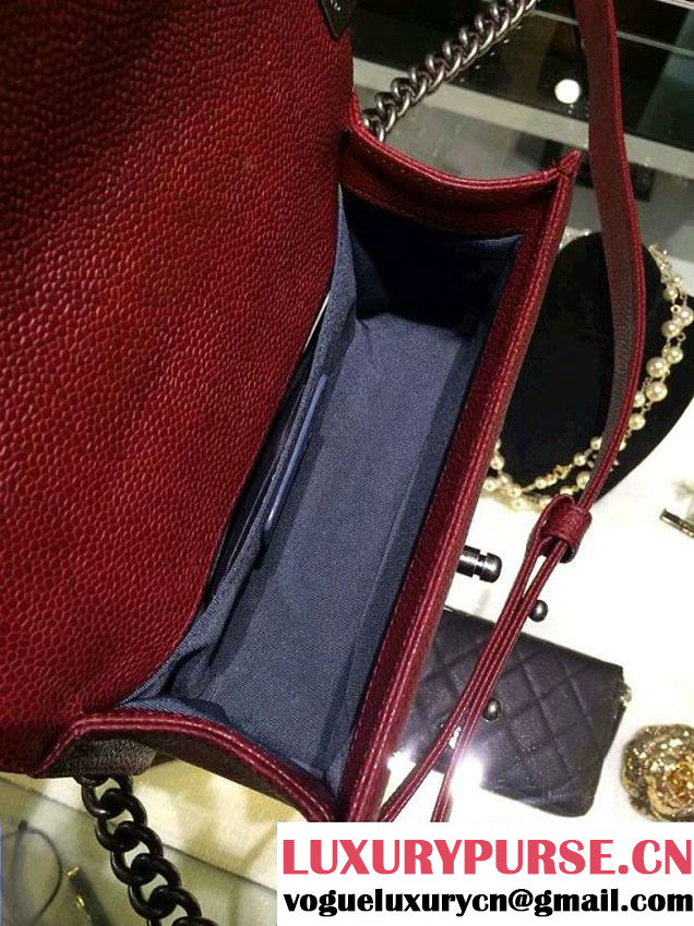 Chanel Small Boy Flap Shoulder Bag Burgundy Caviar Leather with Silver Hardware