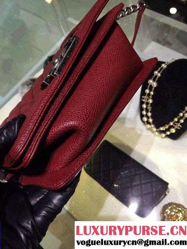 Chanel Small Boy Flap Shoulder Bag Burgundy Caviar Leather with Silver Hardware