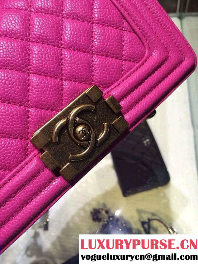 Chanel Small Boy Flap Shoulder Bag Fushia Caviar Leather with Golden Hardware