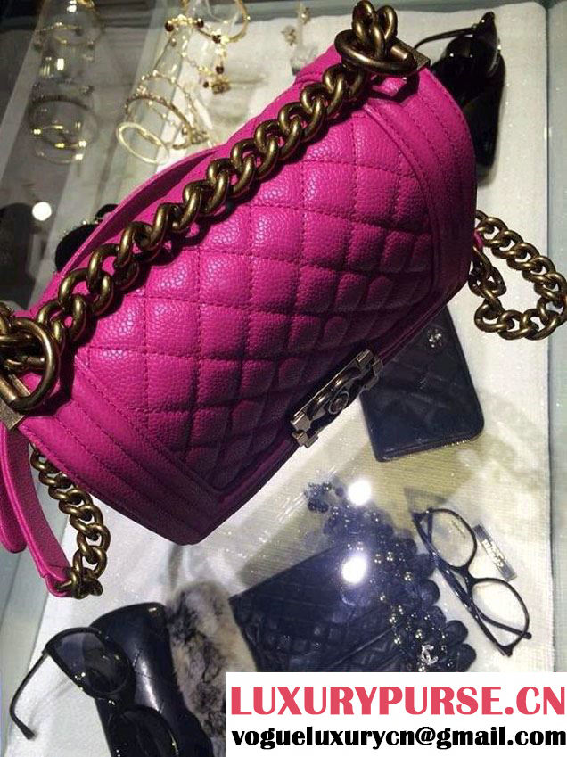 Chanel Small Boy Flap Shoulder Bag Fushia Caviar Leather with Golden Hardware