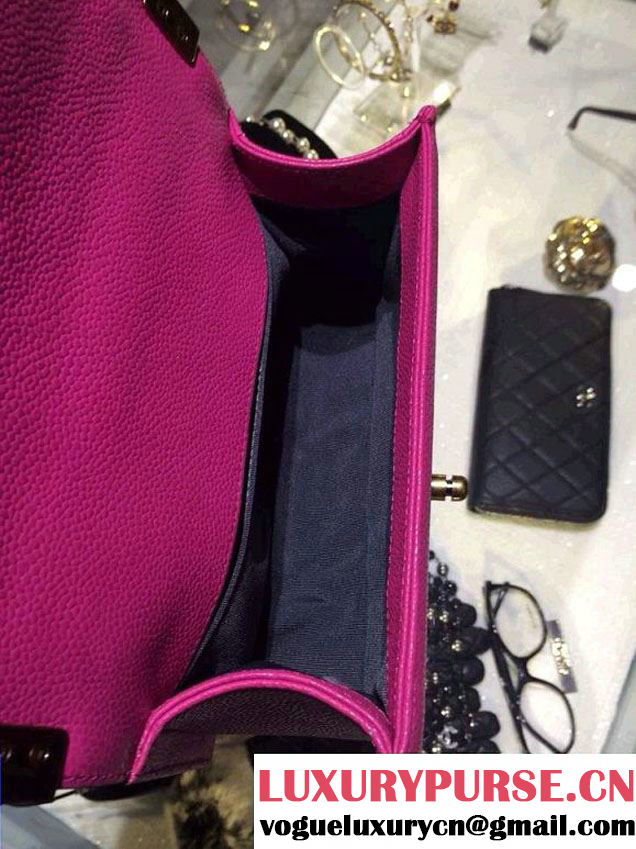 Chanel Small Boy Flap Shoulder Bag Fushia Caviar Leather with Golden Hardware