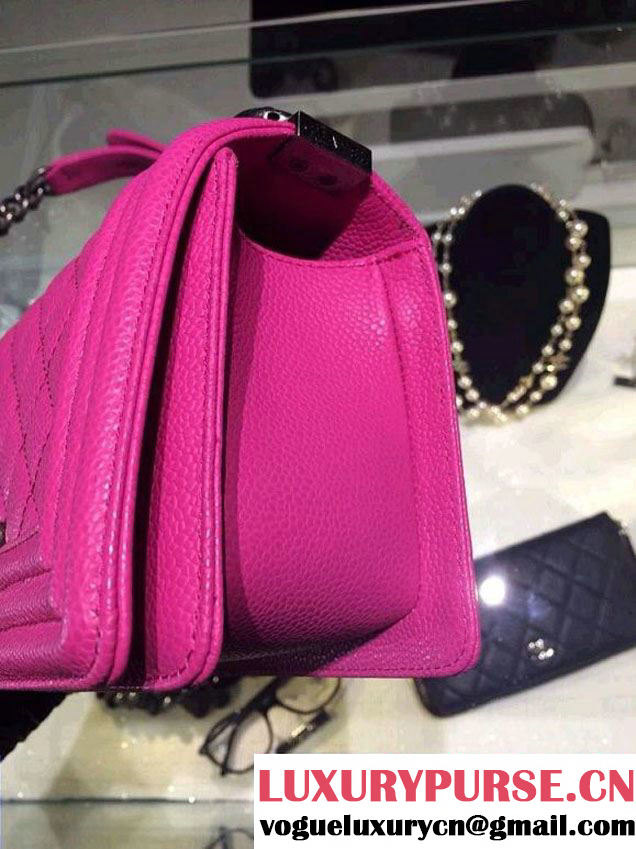 Chanel Small Boy Flap Shoulder Bag Fushia Caviar Leather with Silver Hardware