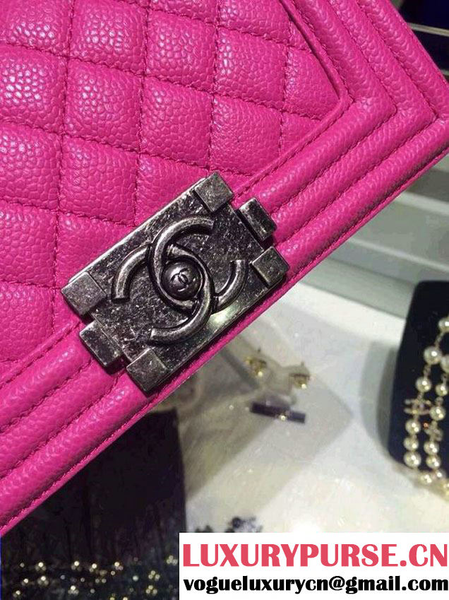 Chanel Small Boy Flap Shoulder Bag Fushia Caviar Leather with Silver Hardware