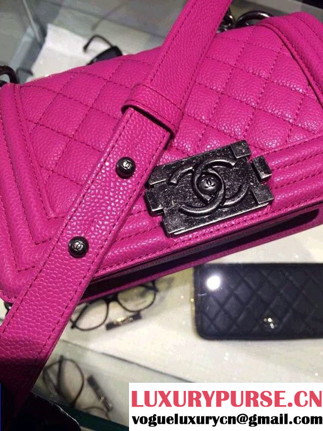 Chanel Small Boy Flap Shoulder Bag Fushia Caviar Leather with Silver Hardware