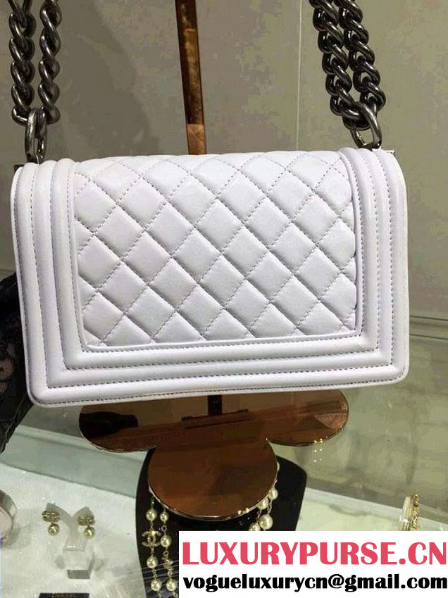 Chanel Small Boy Flap Shoulder Bag White Lambskin Leather with Silver Hardware