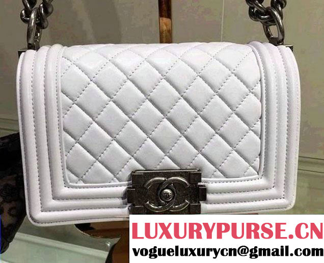 Chanel Small Boy Flap Shoulder Bag White Lambskin Leather with Silver Hardware