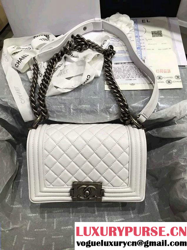 Chanel Small Boy Flap Shoulder Bag White Lambskin Leather with Silver Hardware
