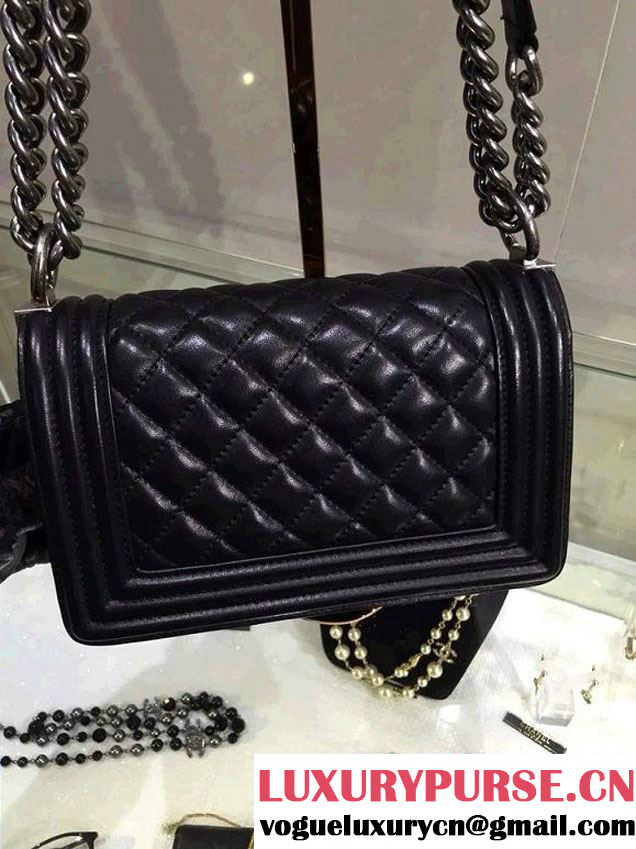 Chanel Small Boy Flap Shoulder Bag Black Lambskin Leather with Silver Hardware