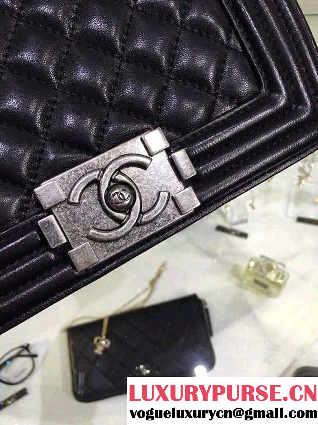 Chanel Small Boy Flap Shoulder Bag Black Lambskin Leather with Silver Hardware