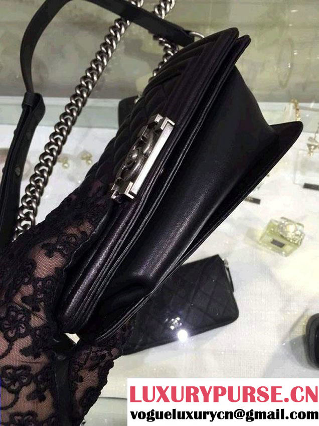 Chanel Small Boy Flap Shoulder Bag Black Lambskin Leather with Silver Hardware