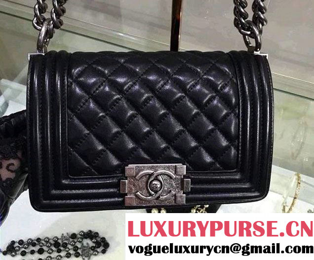 Chanel Small Boy Flap Shoulder Bag Black Lambskin Leather with Silver Hardware