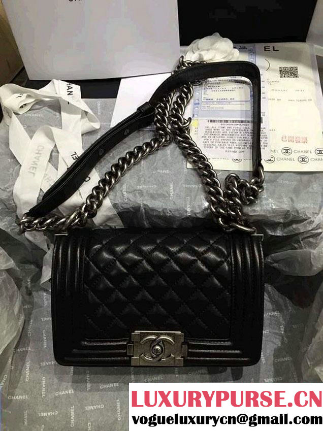 Chanel Small Boy Flap Shoulder Bag Black Lambskin Leather with Silver Hardware