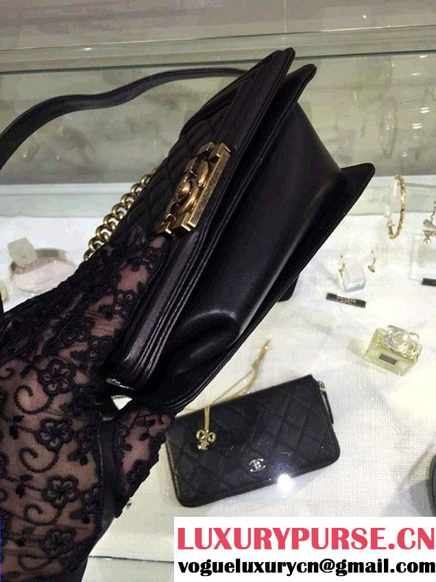 Chanel Small Boy Flap Shoulder Bag Black Lambskin Leather with Golden Hardware