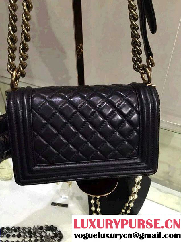 Chanel Small Boy Flap Shoulder Bag Black Lambskin Leather with Golden Hardware