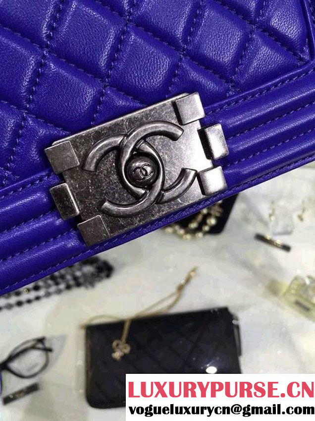 Chanel Small Boy Flap Shoulder Bag Blue Lambskin Leather with Silver Hardware