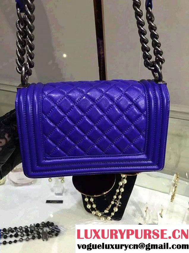 Chanel Small Boy Flap Shoulder Bag Blue Lambskin Leather with Silver Hardware
