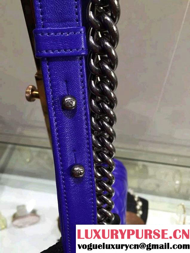 Chanel Small Boy Flap Shoulder Bag Blue Lambskin Leather with Silver Hardware