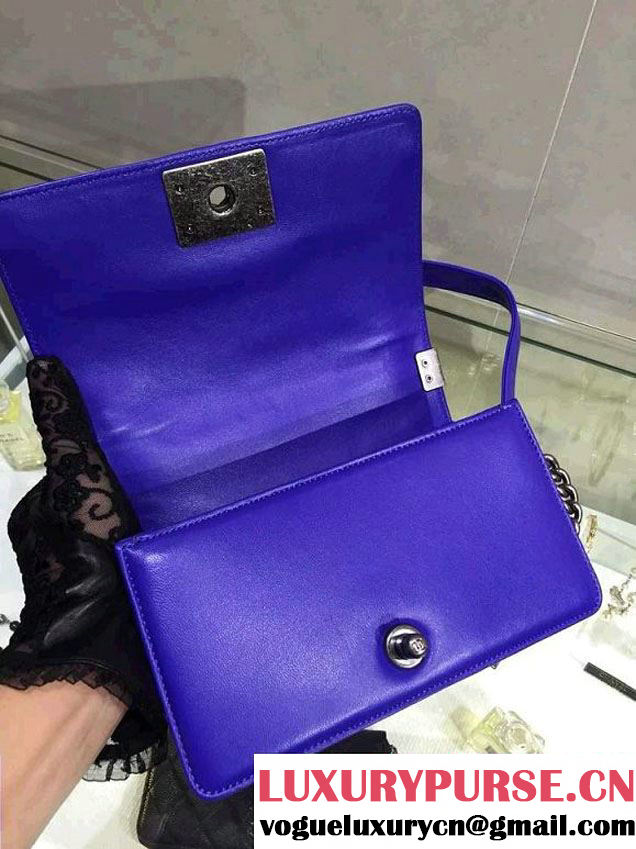 Chanel Small Boy Flap Shoulder Bag Blue Lambskin Leather with Silver Hardware