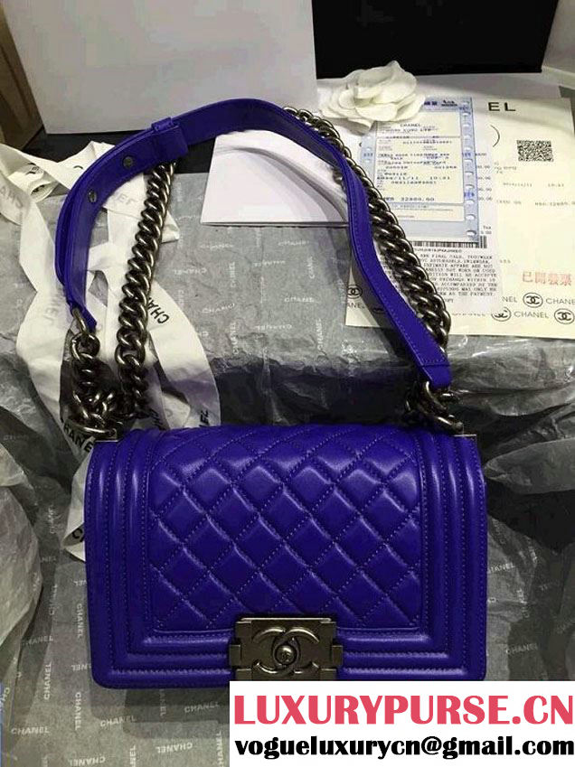 Chanel Small Boy Flap Shoulder Bag Blue Lambskin Leather with Silver Hardware