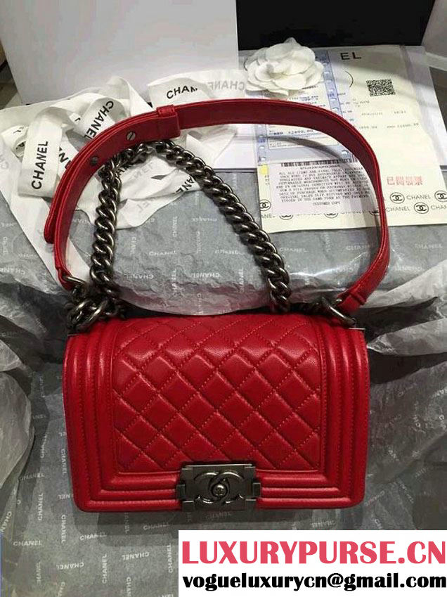 Chanel Small Boy Flap Shoulder Bag Red Lambskin Leather with Silver Hardware