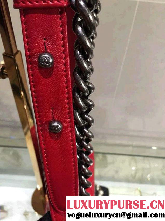 Chanel Small Boy Flap Shoulder Bag Red Lambskin Leather with Silver Hardware