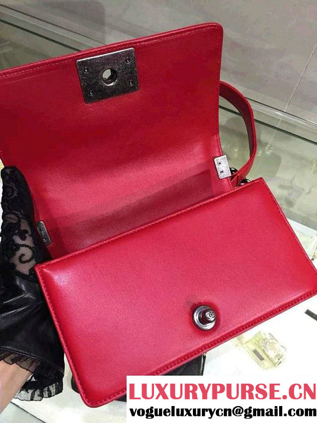 Chanel Small Boy Flap Shoulder Bag Red Lambskin Leather with Silver Hardware