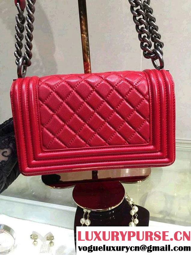 Chanel Small Boy Flap Shoulder Bag Red Lambskin Leather with Silver Hardware
