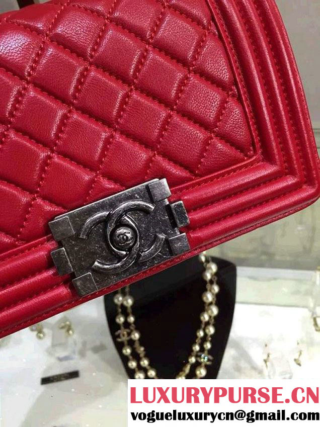 Chanel Small Boy Flap Shoulder Bag Red Lambskin Leather with Silver Hardware