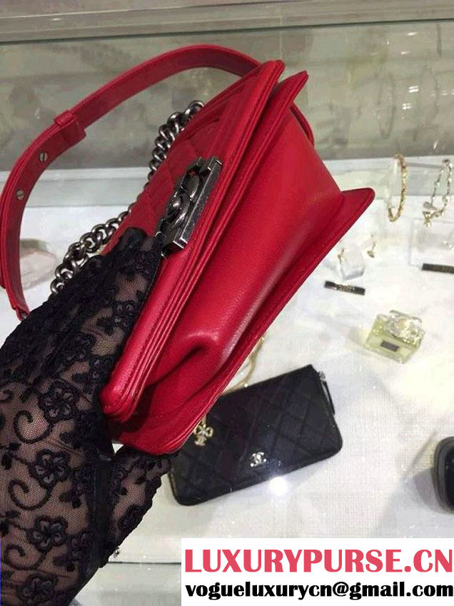 Chanel Small Boy Flap Shoulder Bag Red Lambskin Leather with Silver Hardware