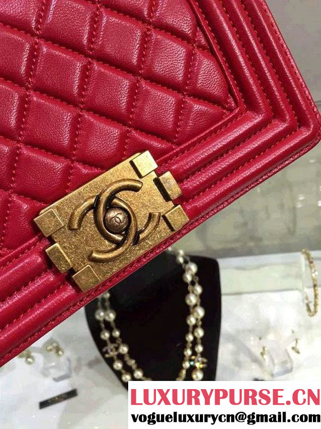 Chanel Small Boy Flap Shoulder Bag Red Lambskin Leather with Golden Hardware