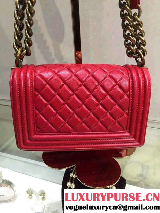 Chanel Small Boy Flap Shoulder Bag Red Lambskin Leather with Golden Hardware