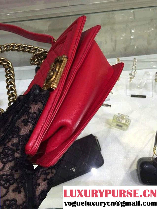 Chanel Small Boy Flap Shoulder Bag Red Lambskin Leather with Golden Hardware