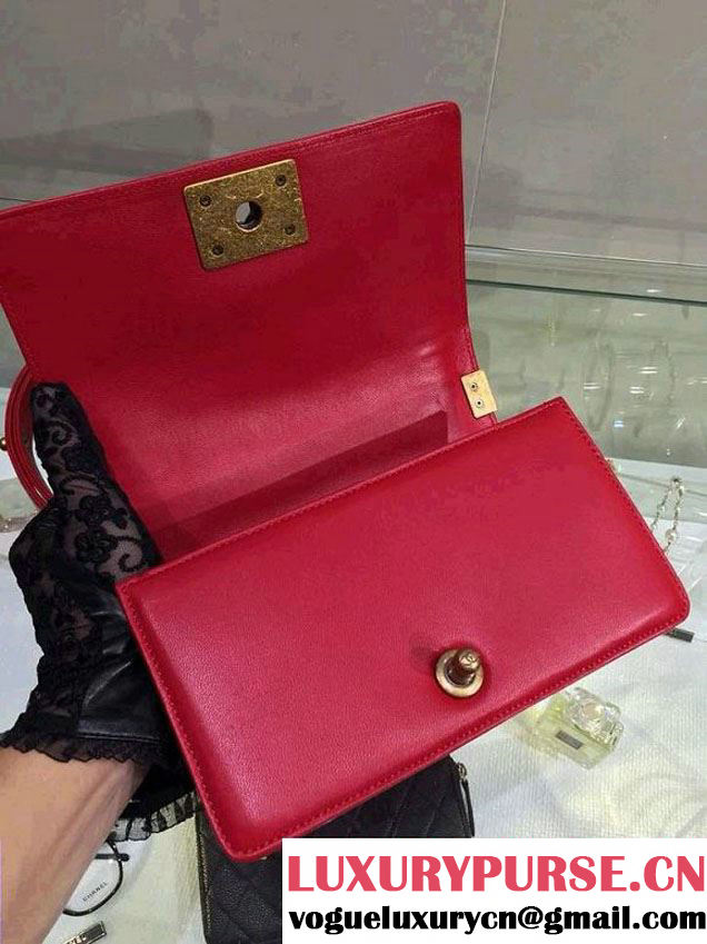 Chanel Small Boy Flap Shoulder Bag Red Lambskin Leather with Golden Hardware