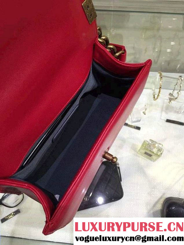 Chanel Small Boy Flap Shoulder Bag Red Lambskin Leather with Golden Hardware