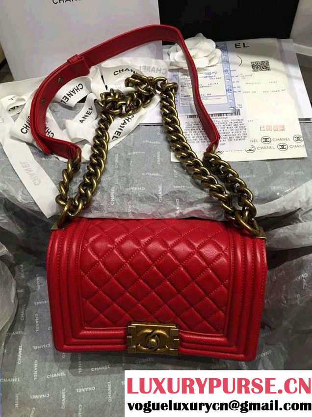 Chanel Small Boy Flap Shoulder Bag Red Lambskin Leather with Golden Hardware