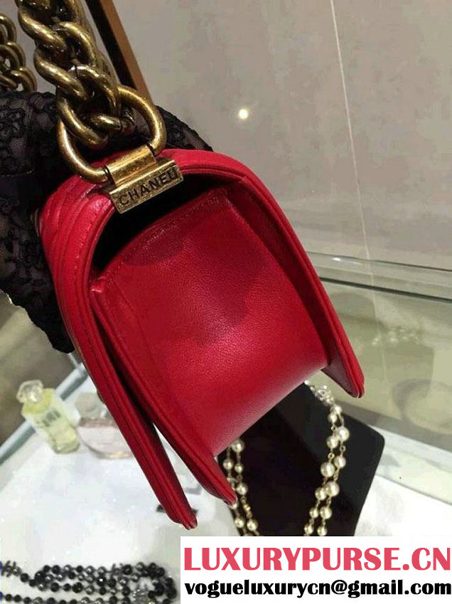 Chanel Small Boy Flap Shoulder Bag Red Lambskin Leather with Golden Hardware