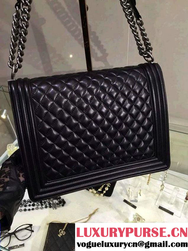 Chanel Large Boy Flap Shoulder Bag Black in Lambskin Leather with Silver Hardware