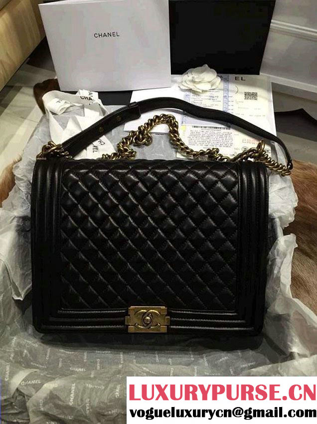 Chanel Large Boy Flap Shoulder Bag Black in Lambskin Leather with Golden Hardware